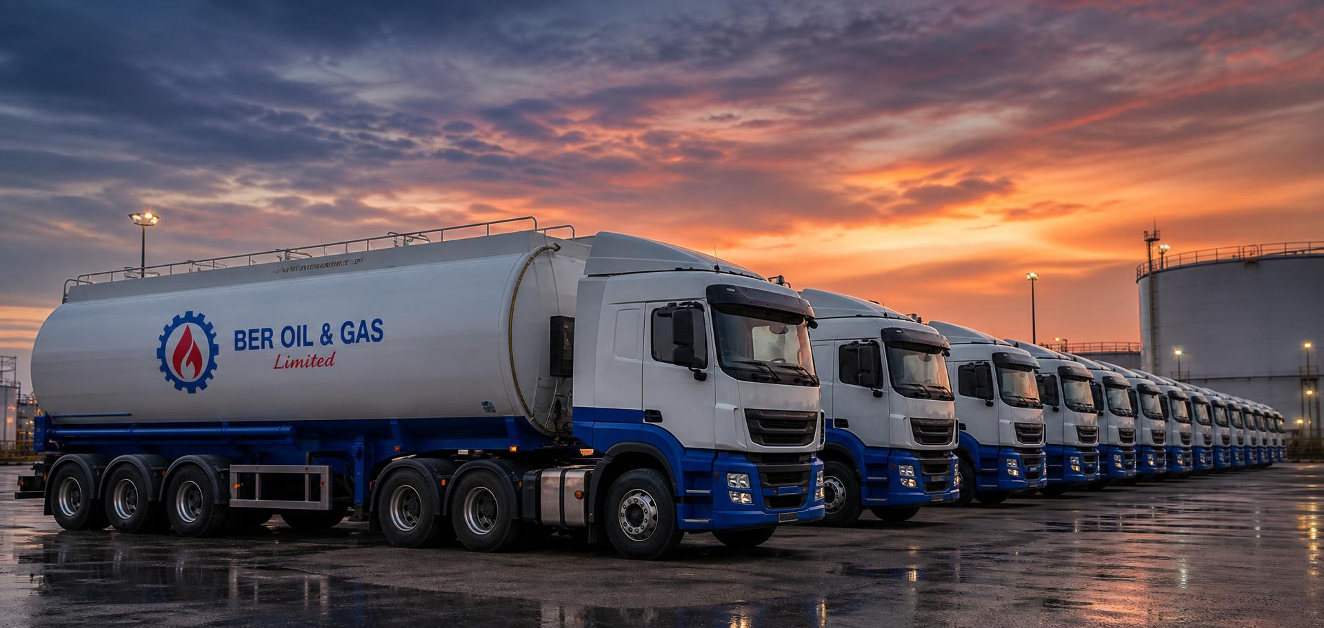 Row of BER Oil & Gas branded diesel tankers at a fuel logistics yard at dusk