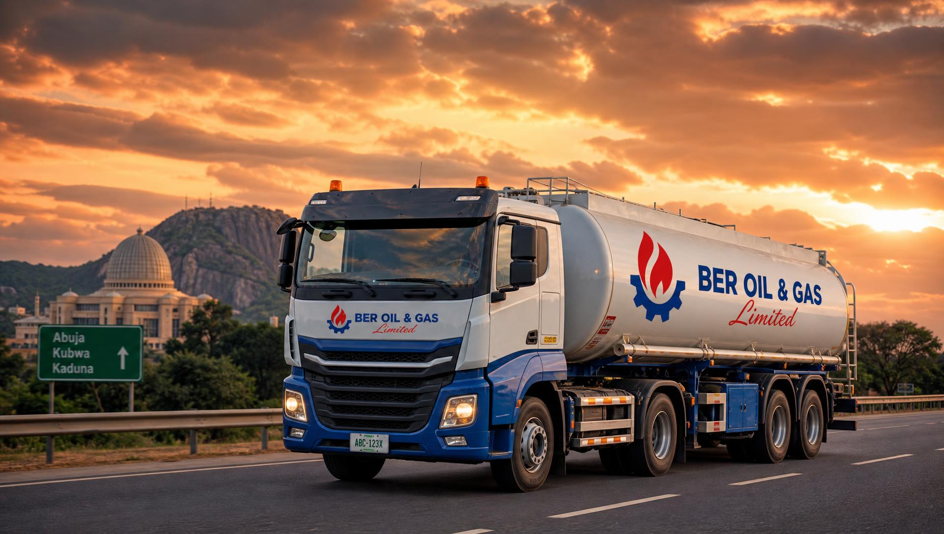 BER Oil & Gas branded diesel tanker truck on a highway near Abuja at dusk